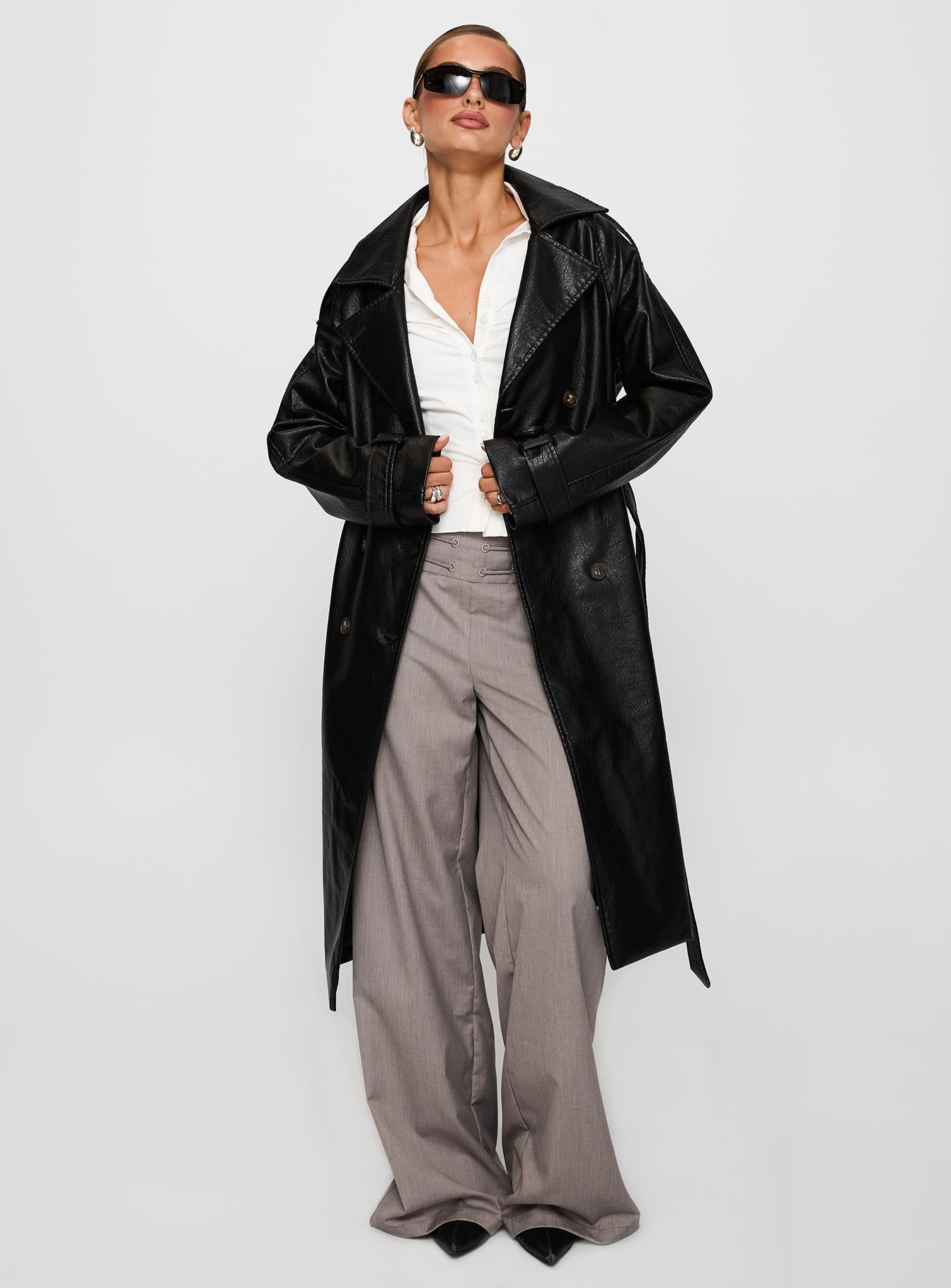 Think Later Faux Leather Trench Coat Black