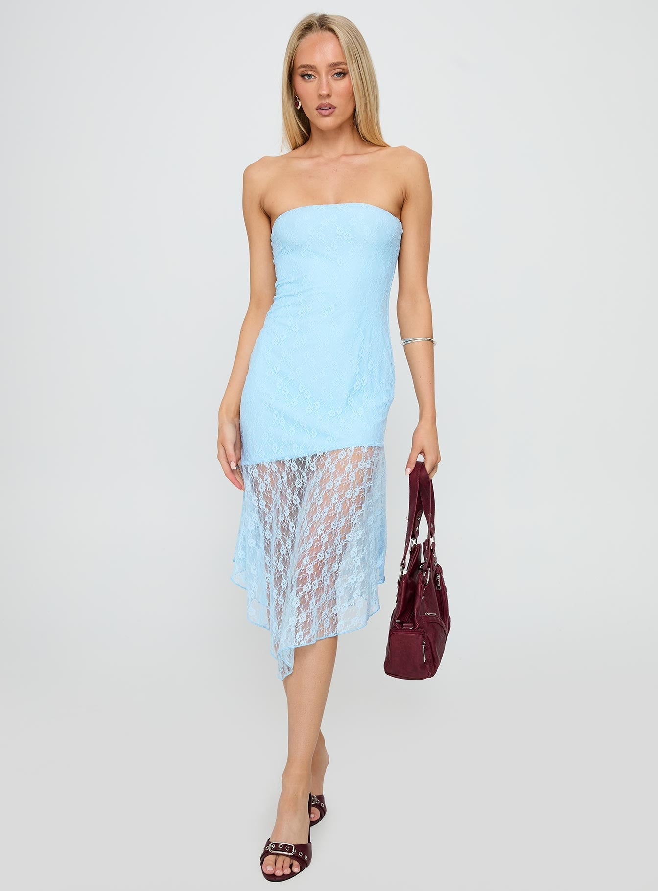 Nonchalant Strapless Lace Midi Dress Blue