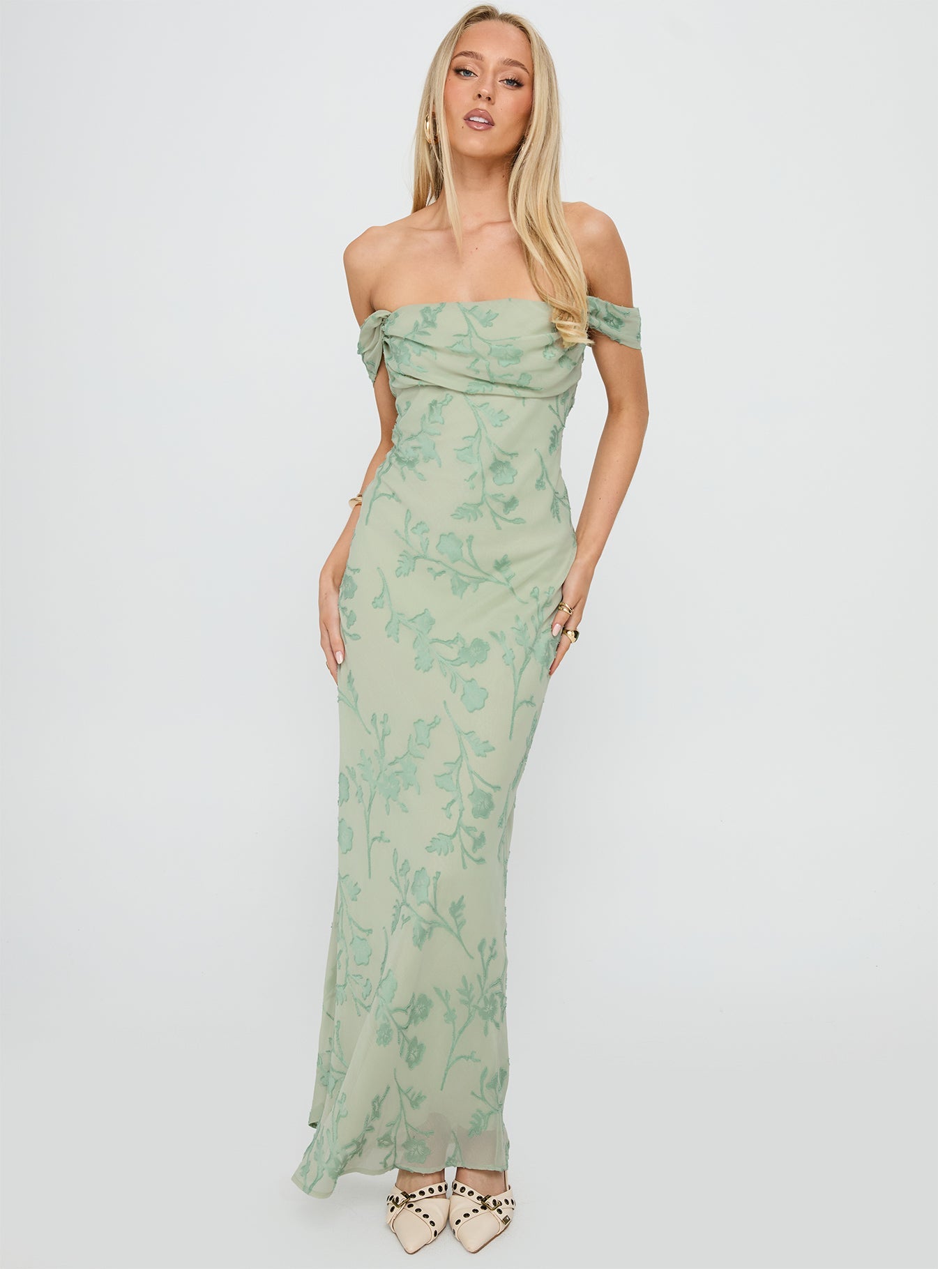 Azura Off The Shoulder Maxi Dress Green Burnout