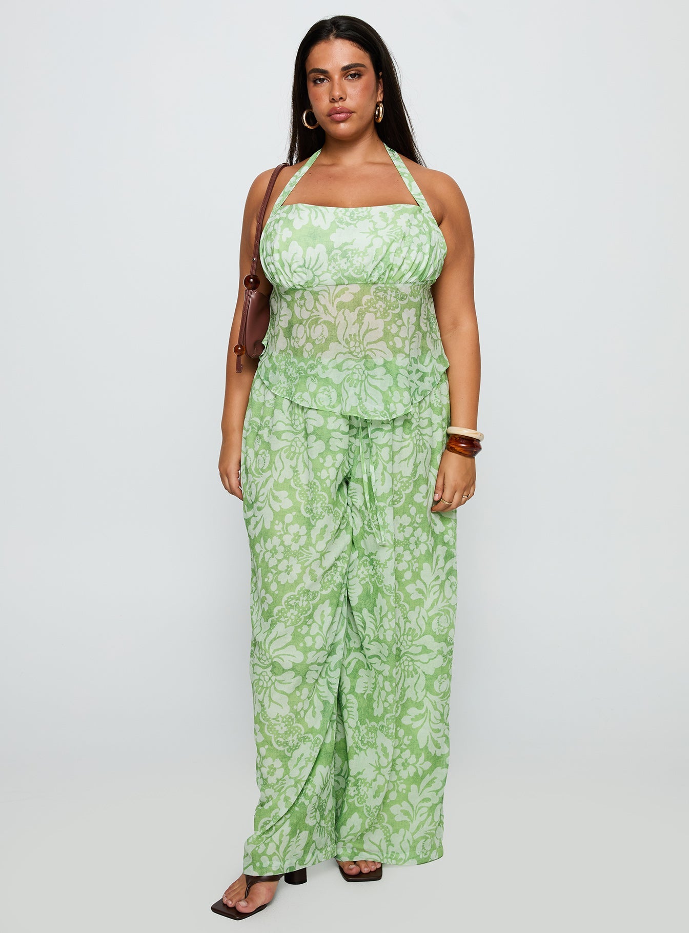 Finesse Halter Top Green Floral Curve