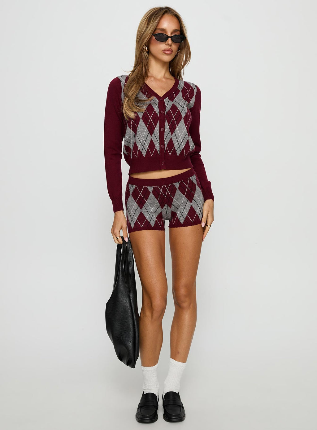 Raiven Knit Cardigan Burgundy Argyle