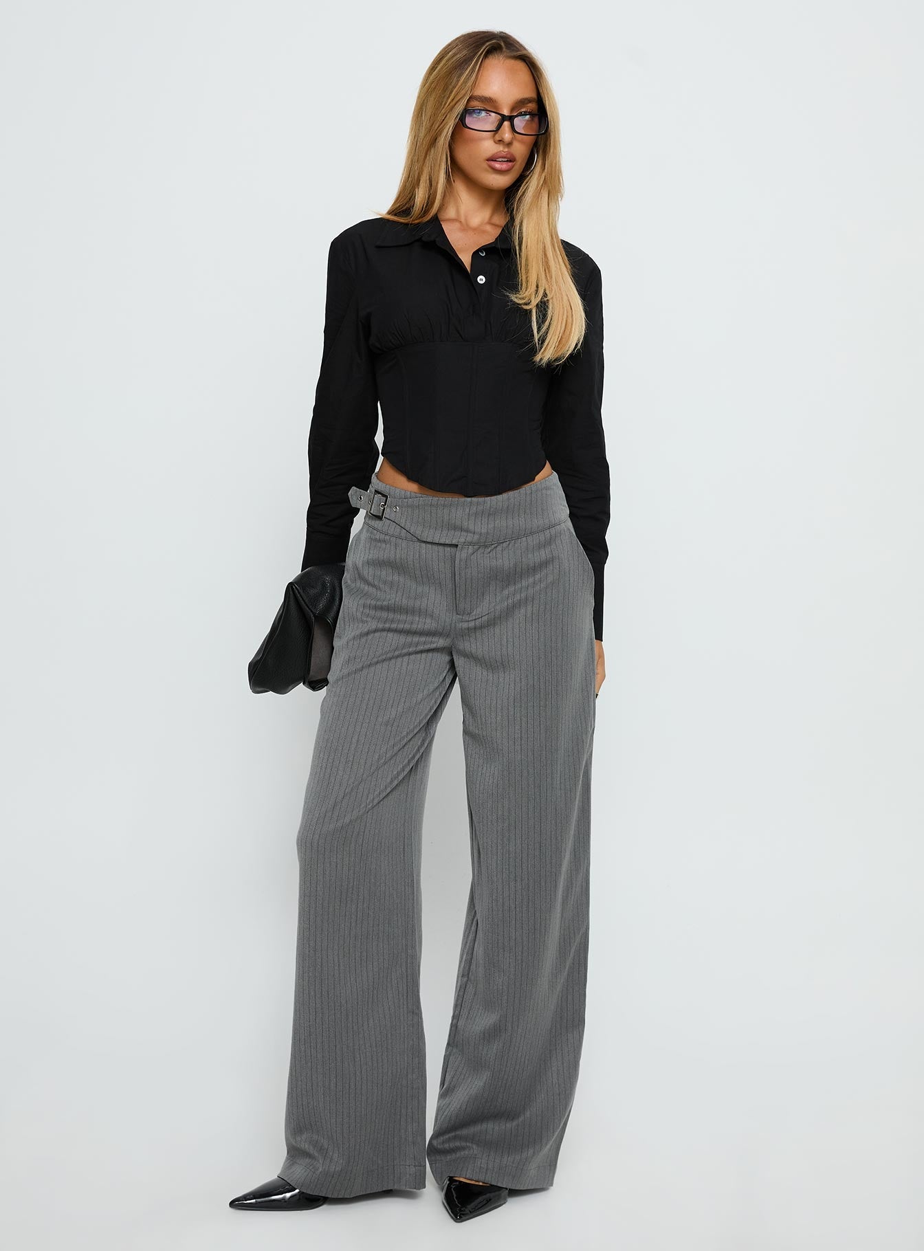 Jinny Relaxed Buckle Tailored Pants Grey Pinstripe
