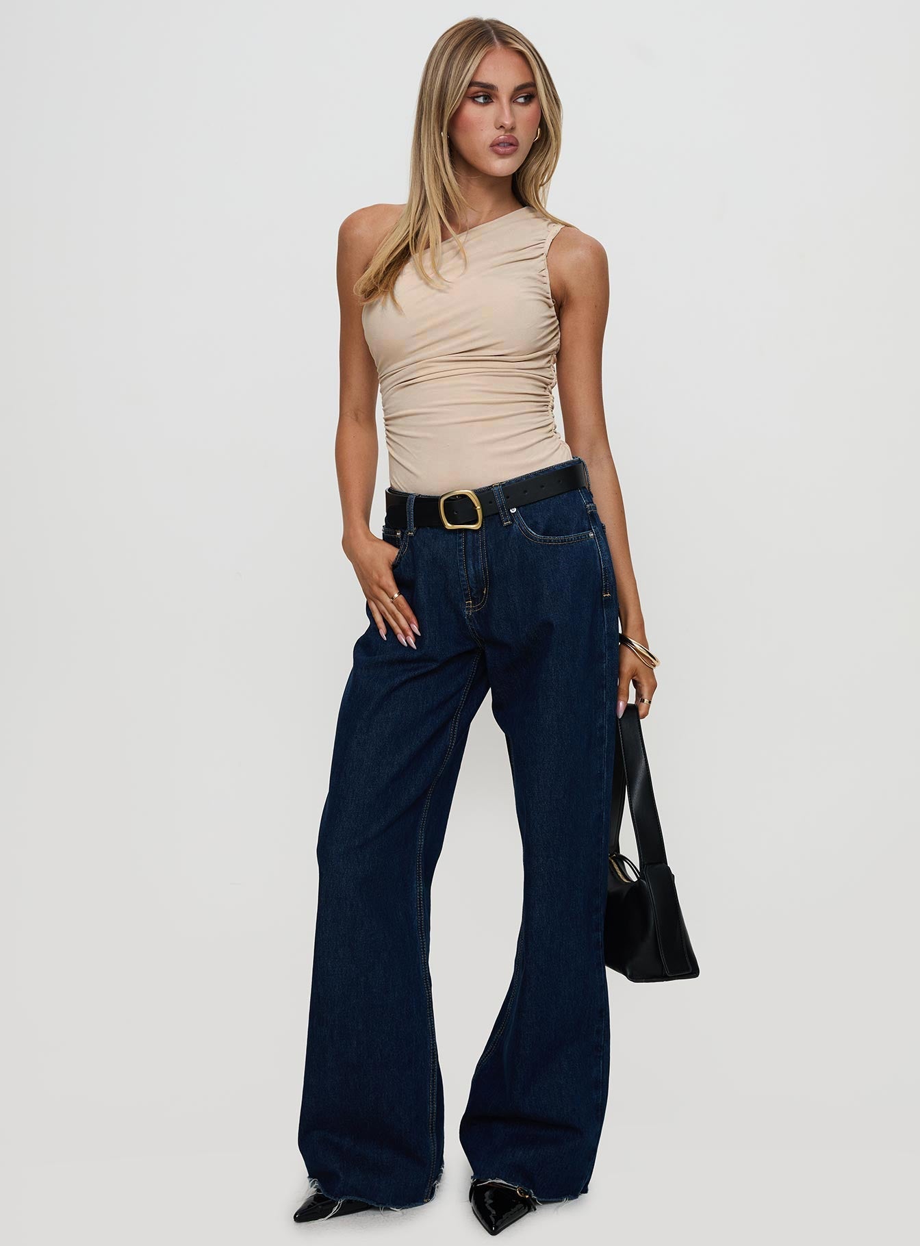 Heston Asymmetrical Ruched Bodysuit Beige