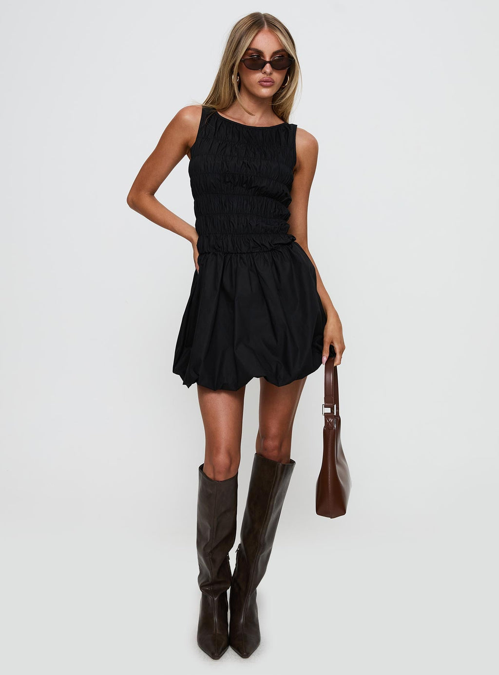 Demure Shirred Bubble Hem Mini Dress Black