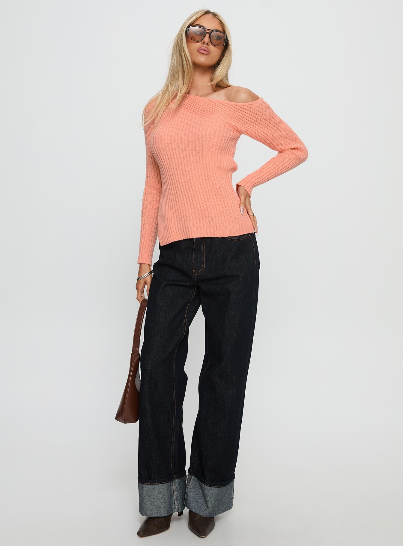 Exquisite Off Shoulder Knit Sweater Orange