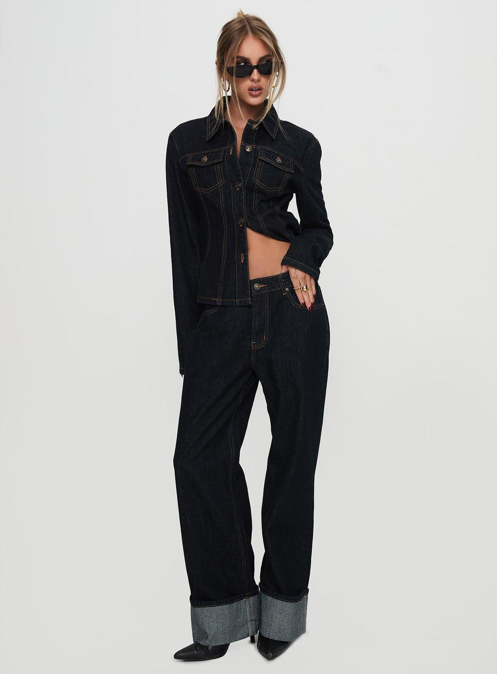 Top Model Low Rise Straight Leg Cuffed Jean Dark Denim