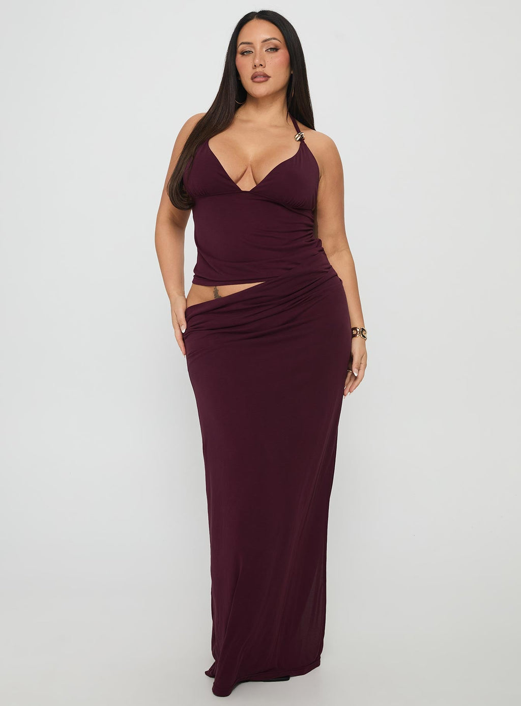 Imeraldia Hardware Halter Maxi Dress Currant Curve