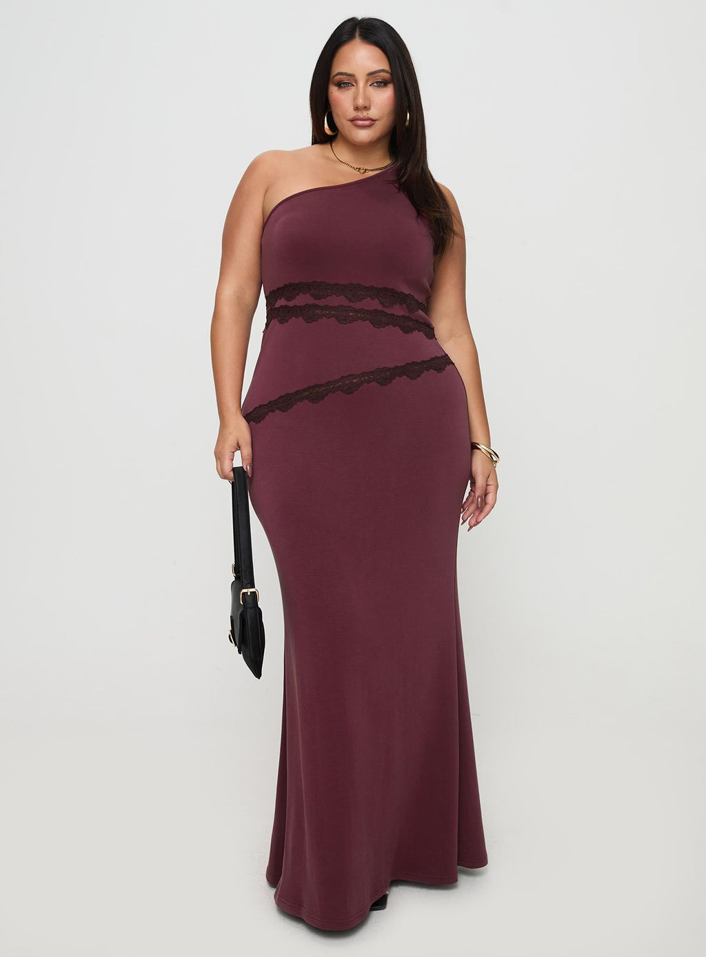 Ultraviolet One Shoulder Lace Maxi Dress Wine Curve
