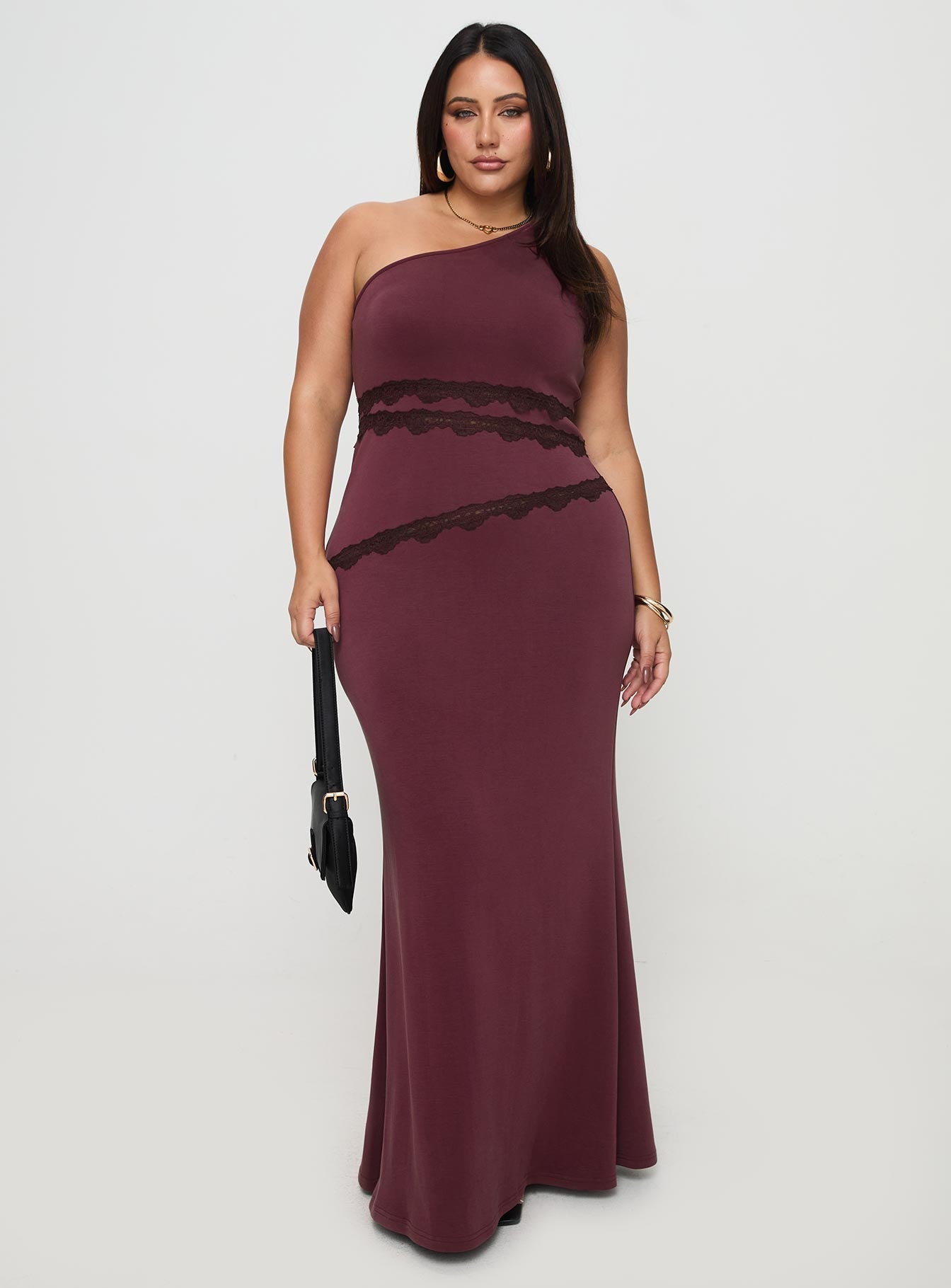 Ultraviolet One Shoulder Lace Maxi Dress Wine Curve