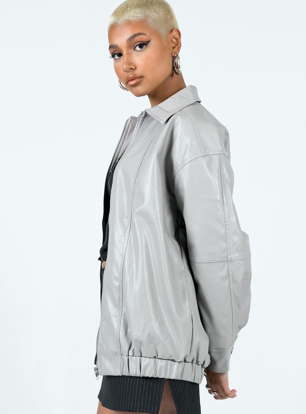 Braelynn Faux Leather Bomber Jacket Grey
