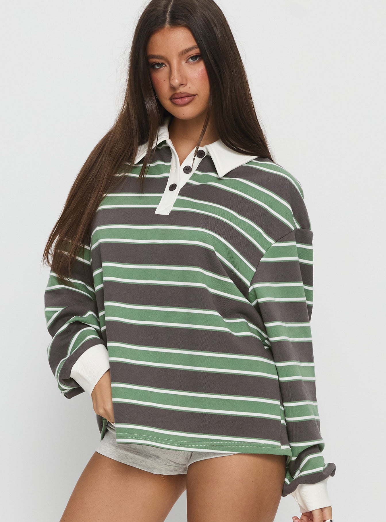 Tycen Polo Rugby Jumper Green / Grey Stripe