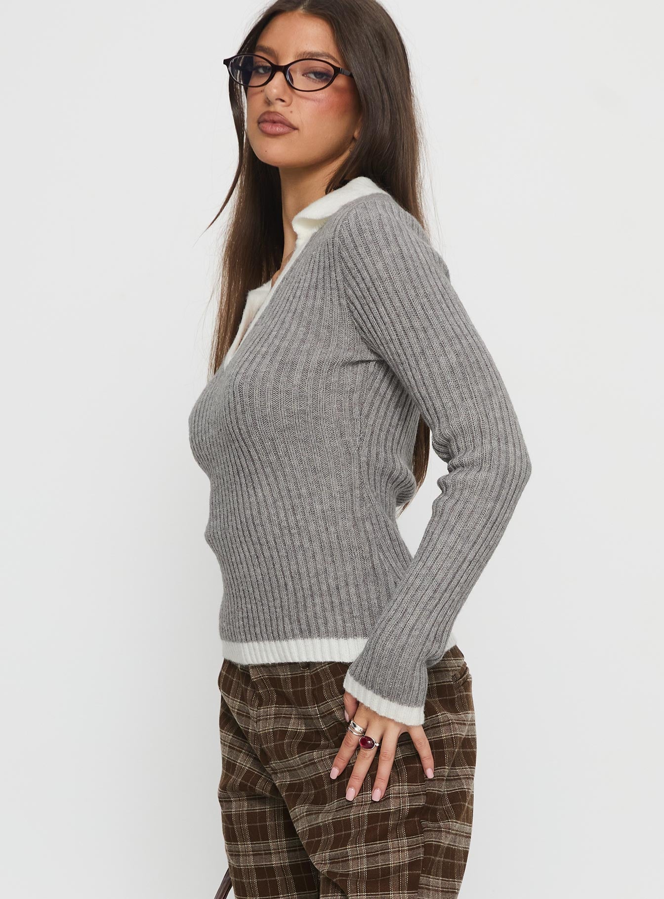 Skylen Long Sleeve Collared Top Grey