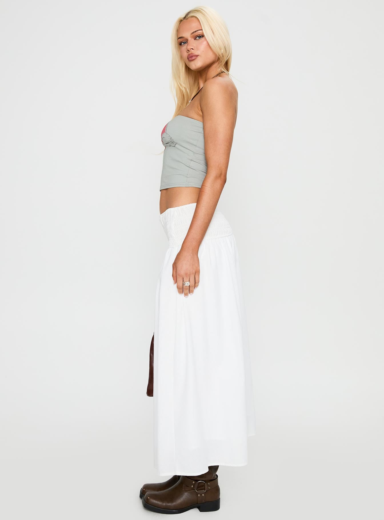 Small Towns Shirred Midi Skirt White