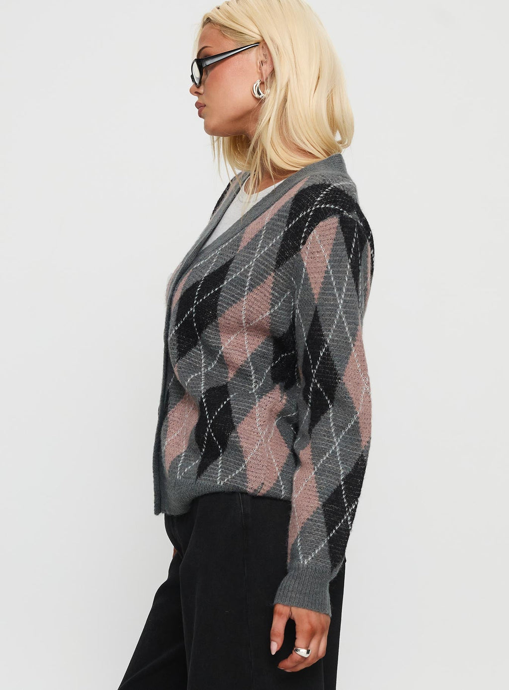 Zeeva Button Through Knit Cardigan Grey Argyle