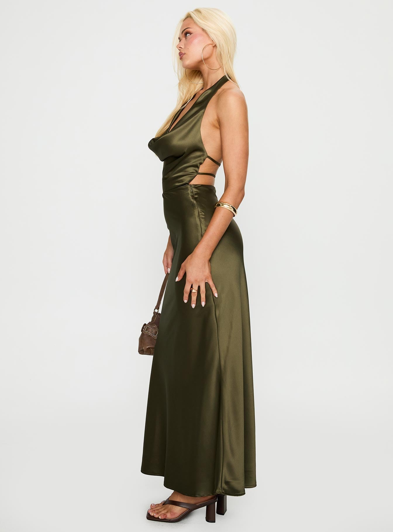 Iridescent Plunge Maxi Dress Olive Green