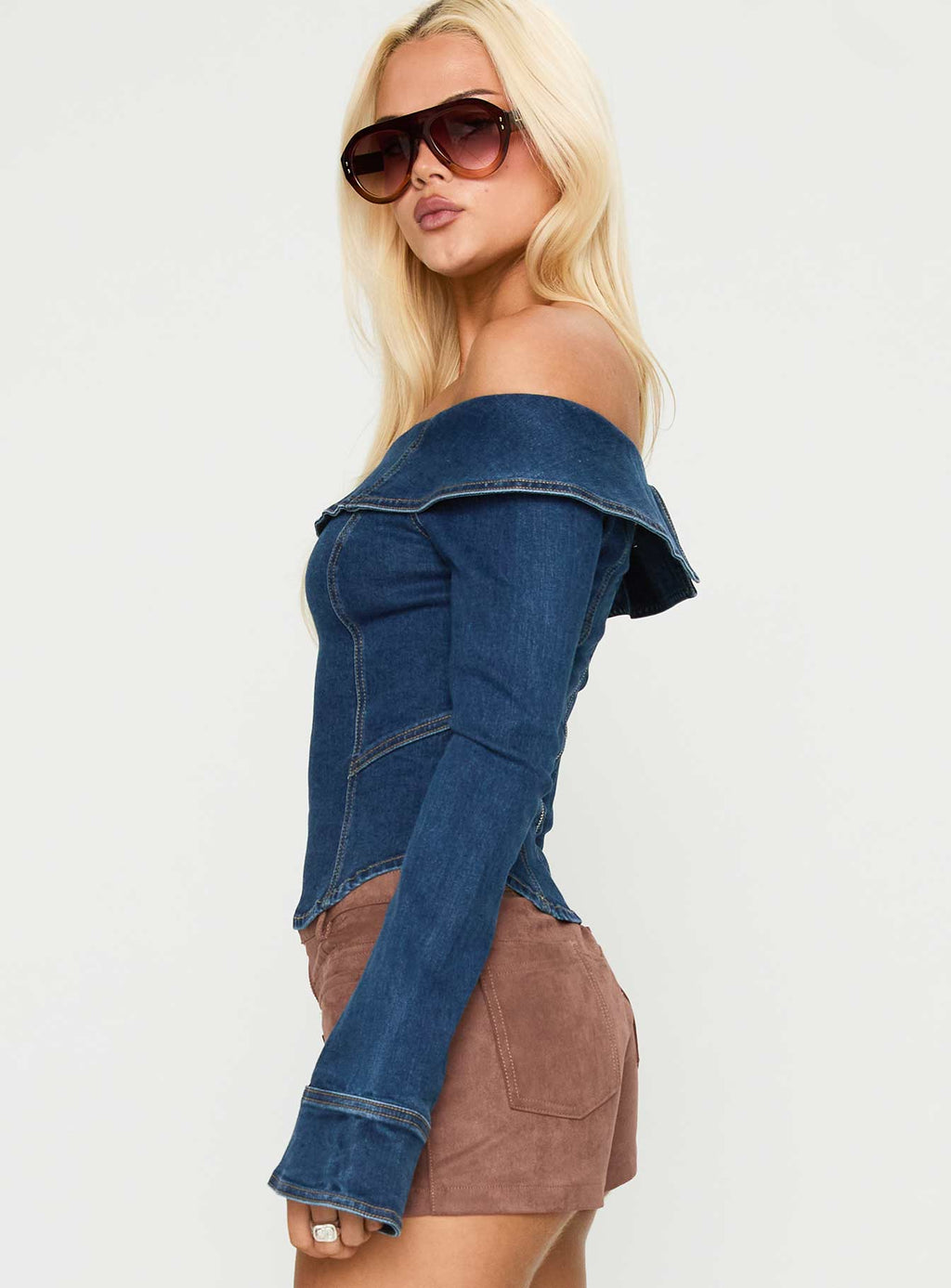 In The Crowd Off Shoulder Top Dark Denim
