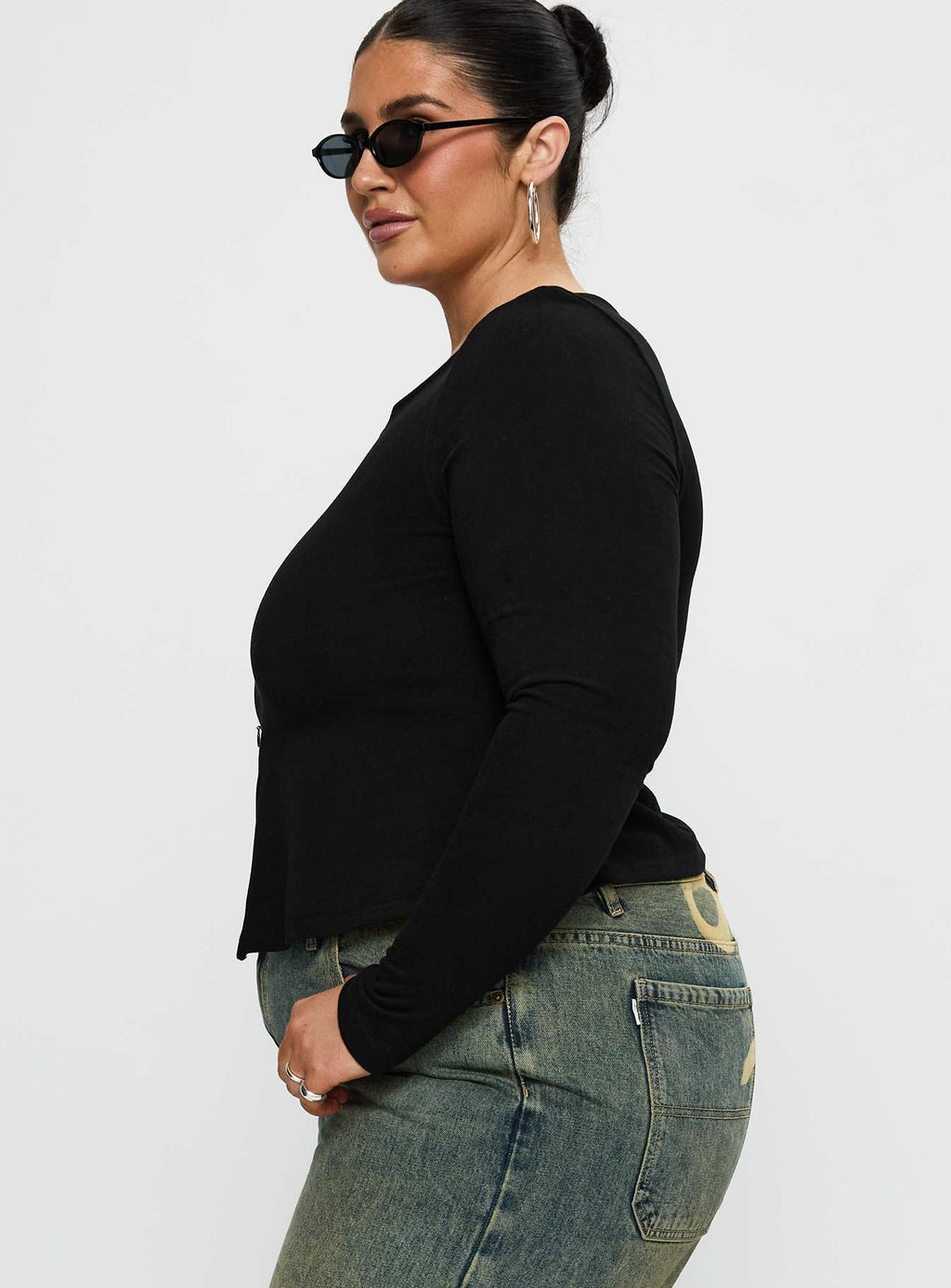 Kortez Long Sleeve Zip Through Top Black Curve