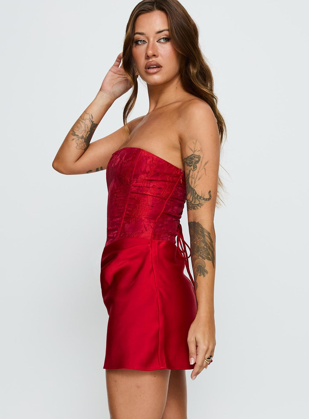 Jenevieve Strapless Drape Mini Dress Red