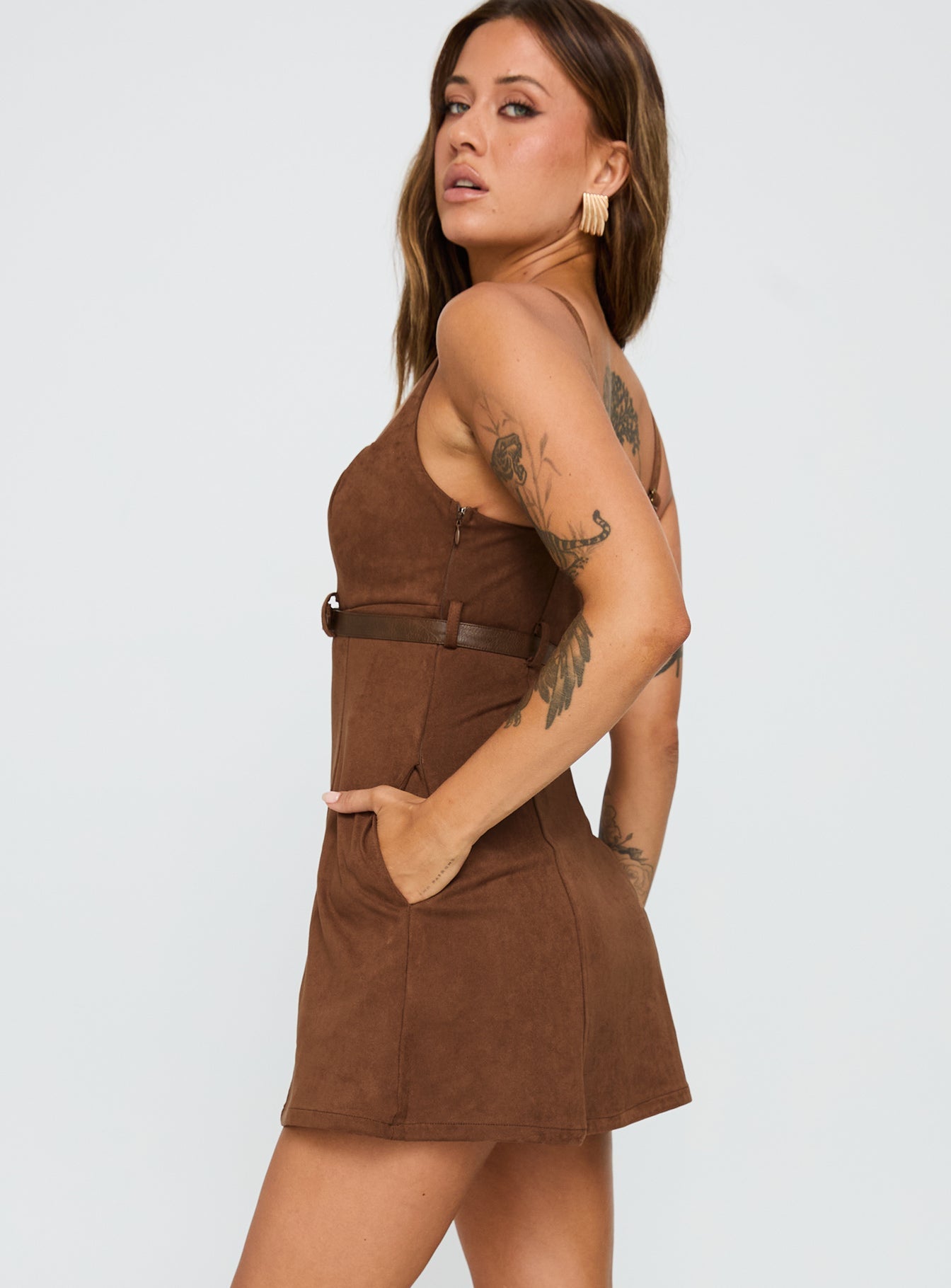 Way Back In Faux Suede Mini Dress Brown