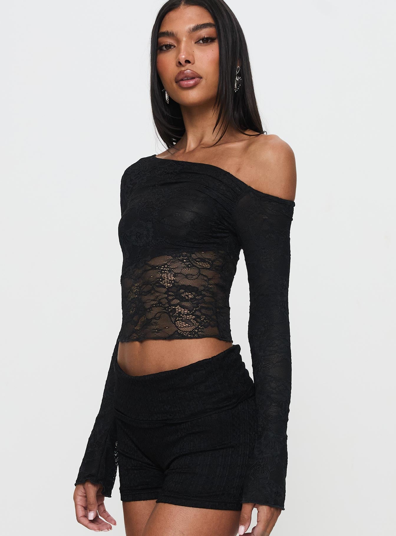 Tiberius Lace Asymmetrical Long Sleeve Top Black