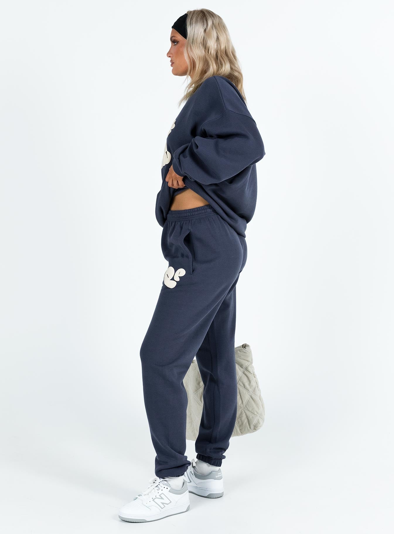 Princess Polly Track Pants Bubble Text Slate / Eggshell