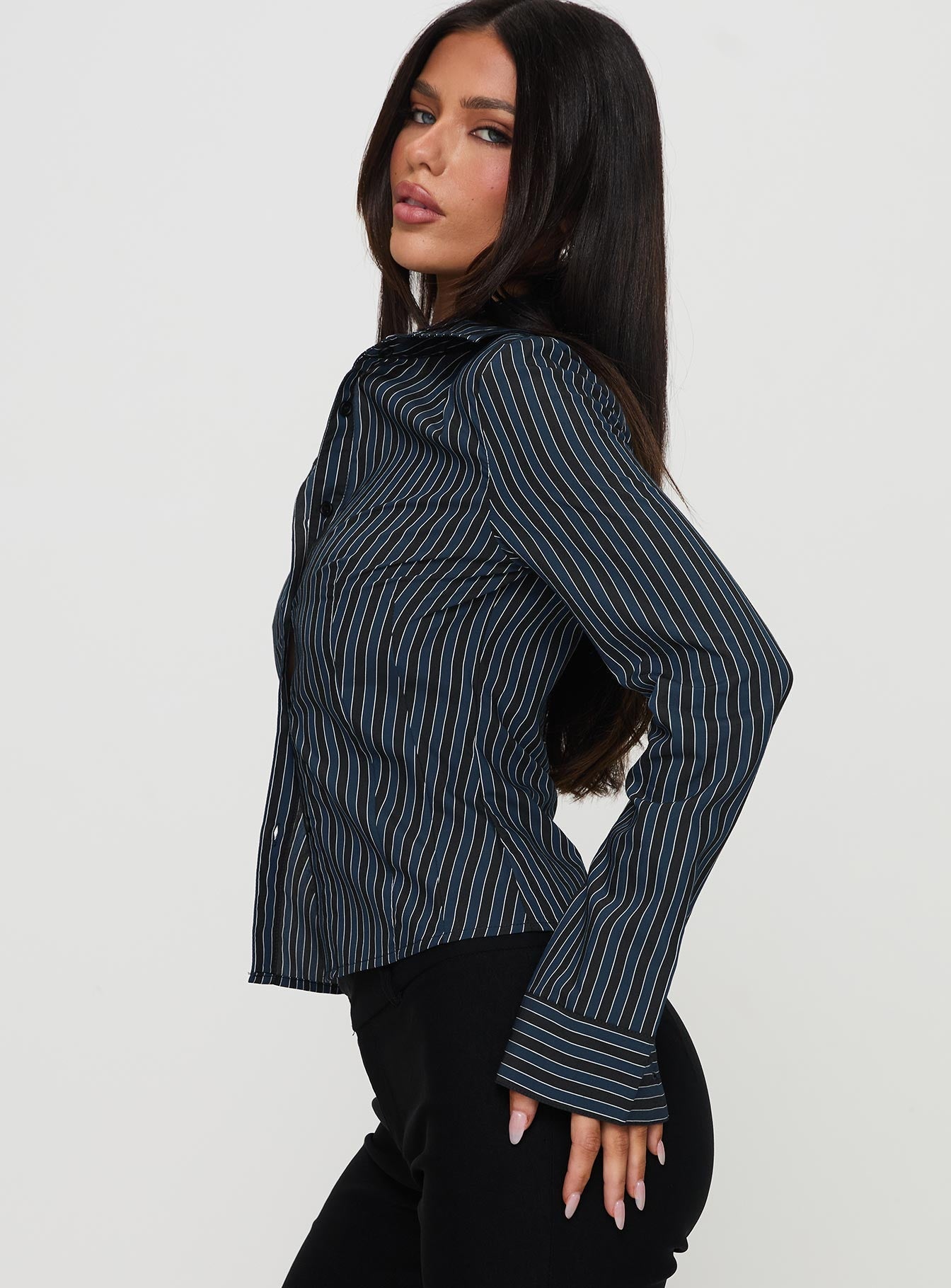 Theroux Long Sleeve Top Navy Pinstripe