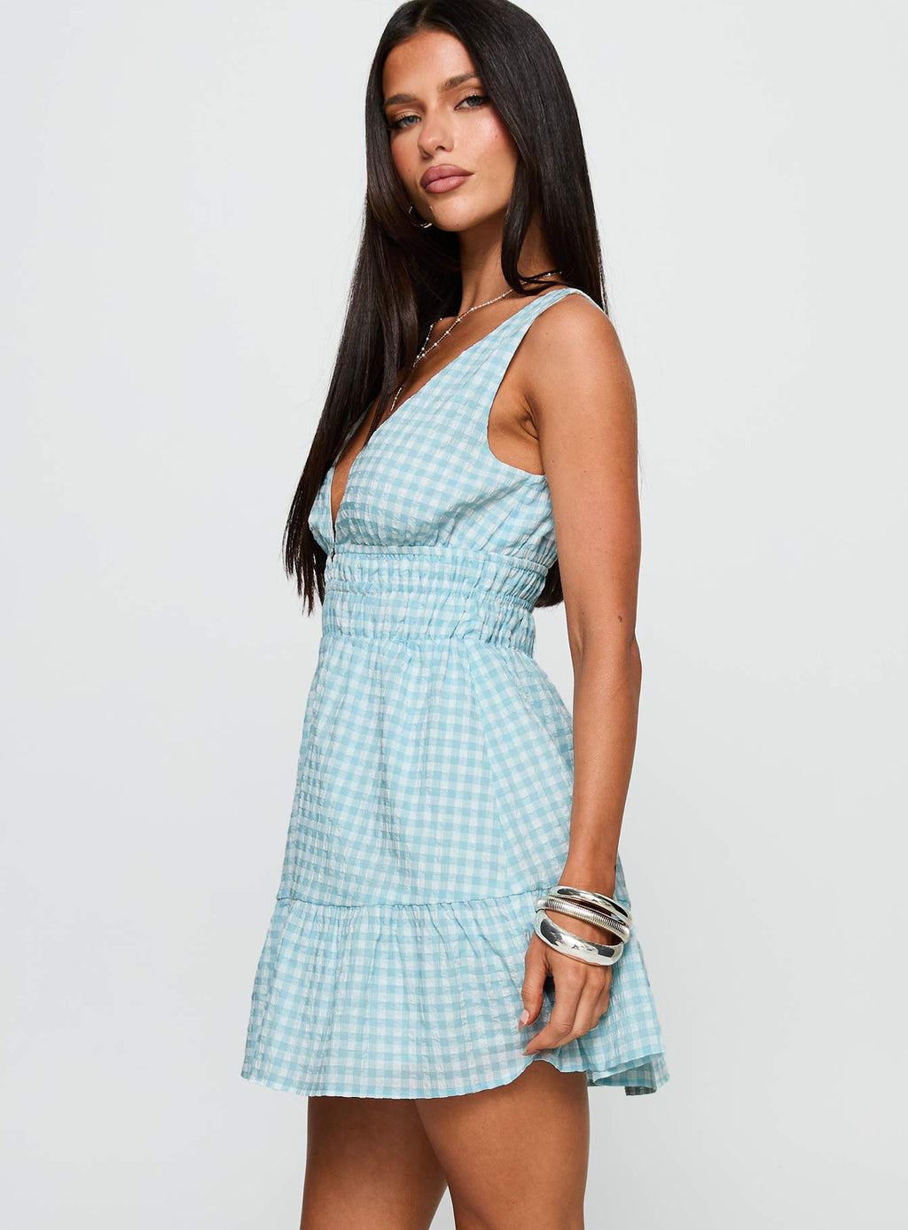 Ismena Plunge Mini Dress Blue Check