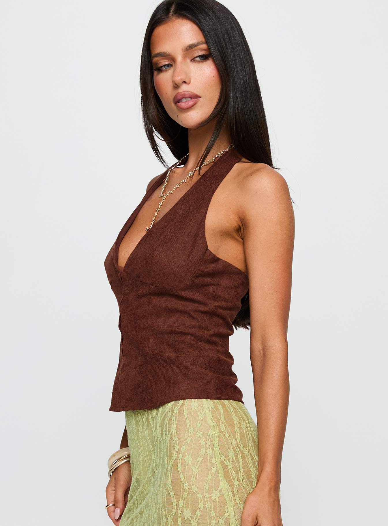 Movie Stars Faux Suede Halter Top Brown