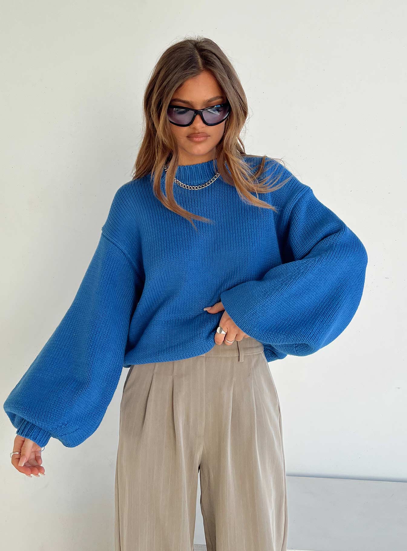 Harmony Balloon Sleeve Knit Sweater Blue
