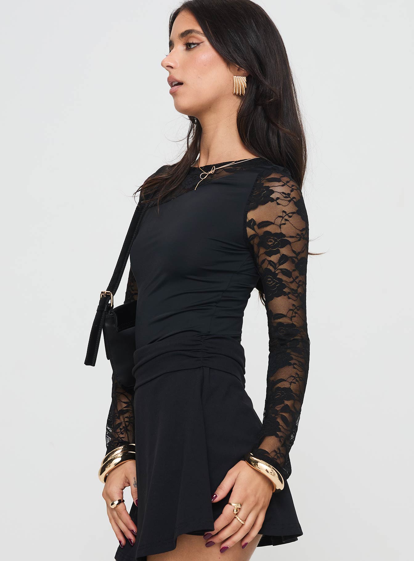 Good Nights Lace Long Sleeve Bodysuit Black