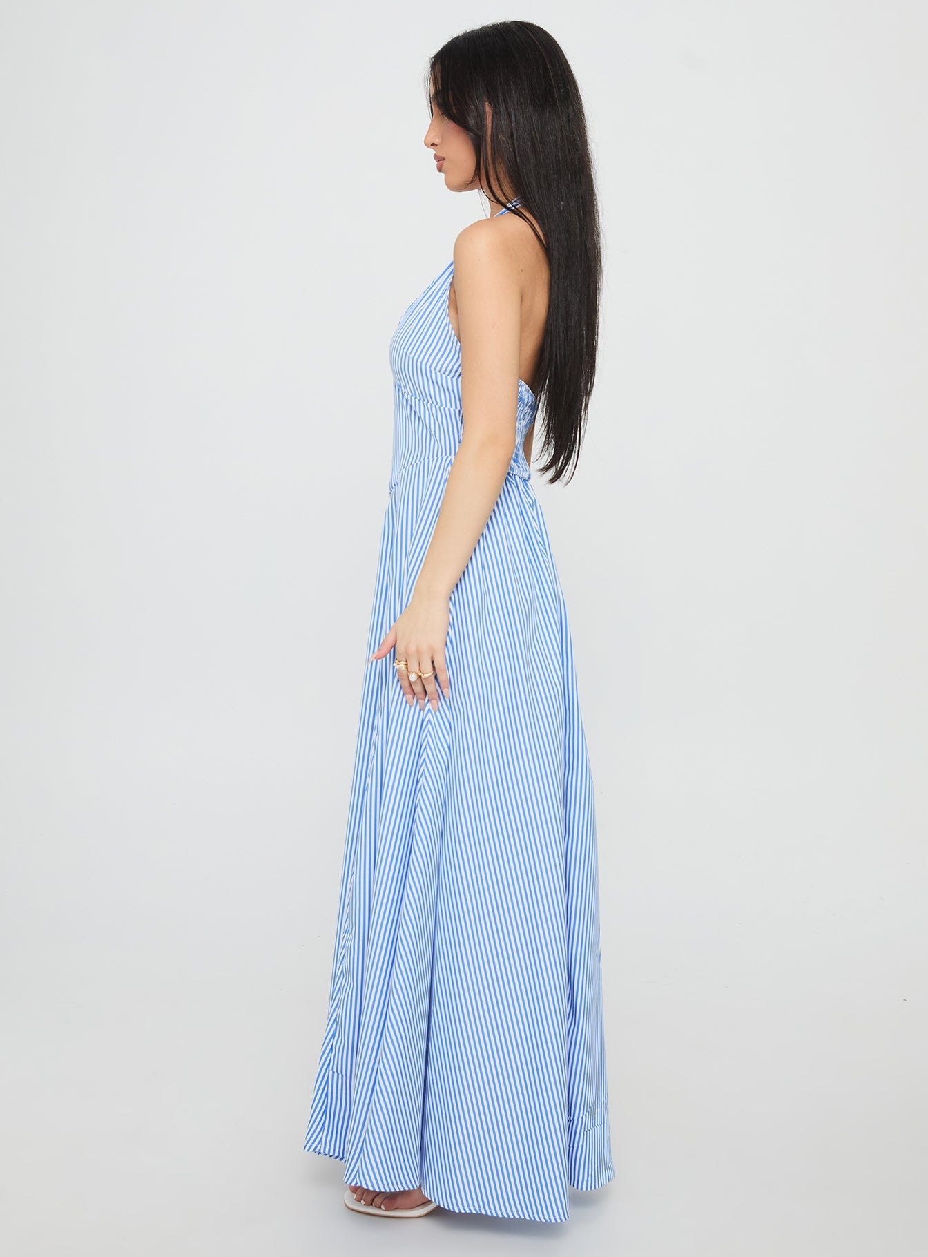 Ivie Halter Plunge Maxi Dress Blue Stripe