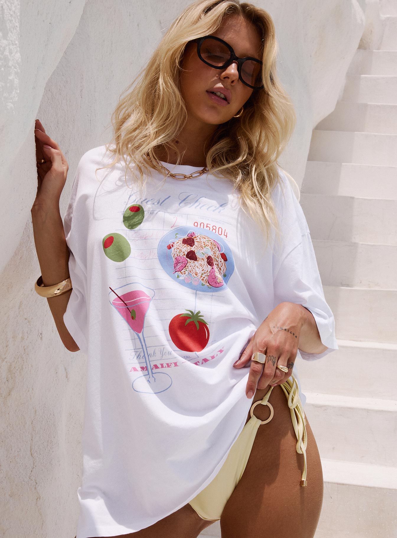 Dine With Me Oversized Graphic Top White