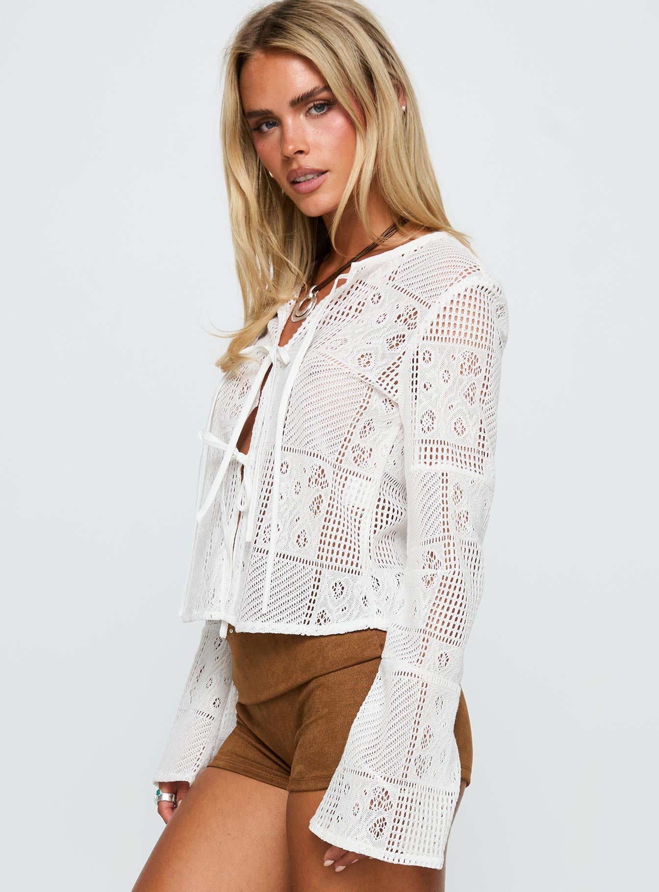 Mine For Life Crochet Long Sleeve Top White