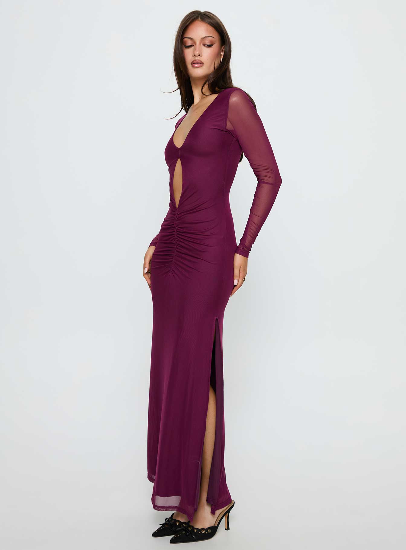 Darkside Long Sleeve Cut Out Plunge Maxi Dress Plum