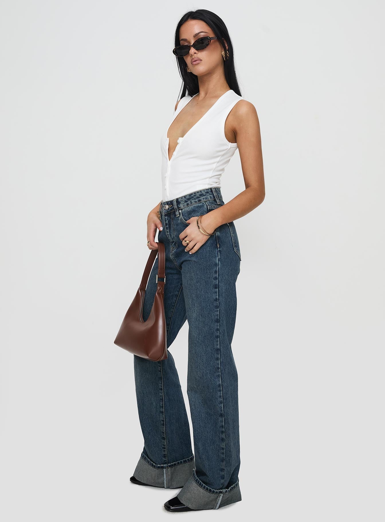 Florida Keys Mid Rise Straight Leg Cuffed Jeans Mid Blue