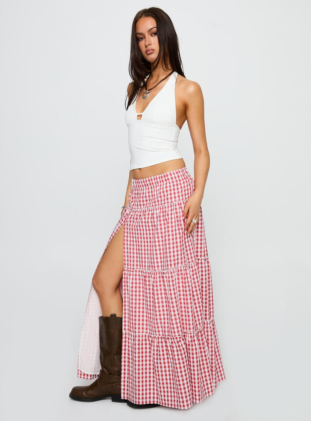 Ilaina Tiered Maxi Skirt Red Check