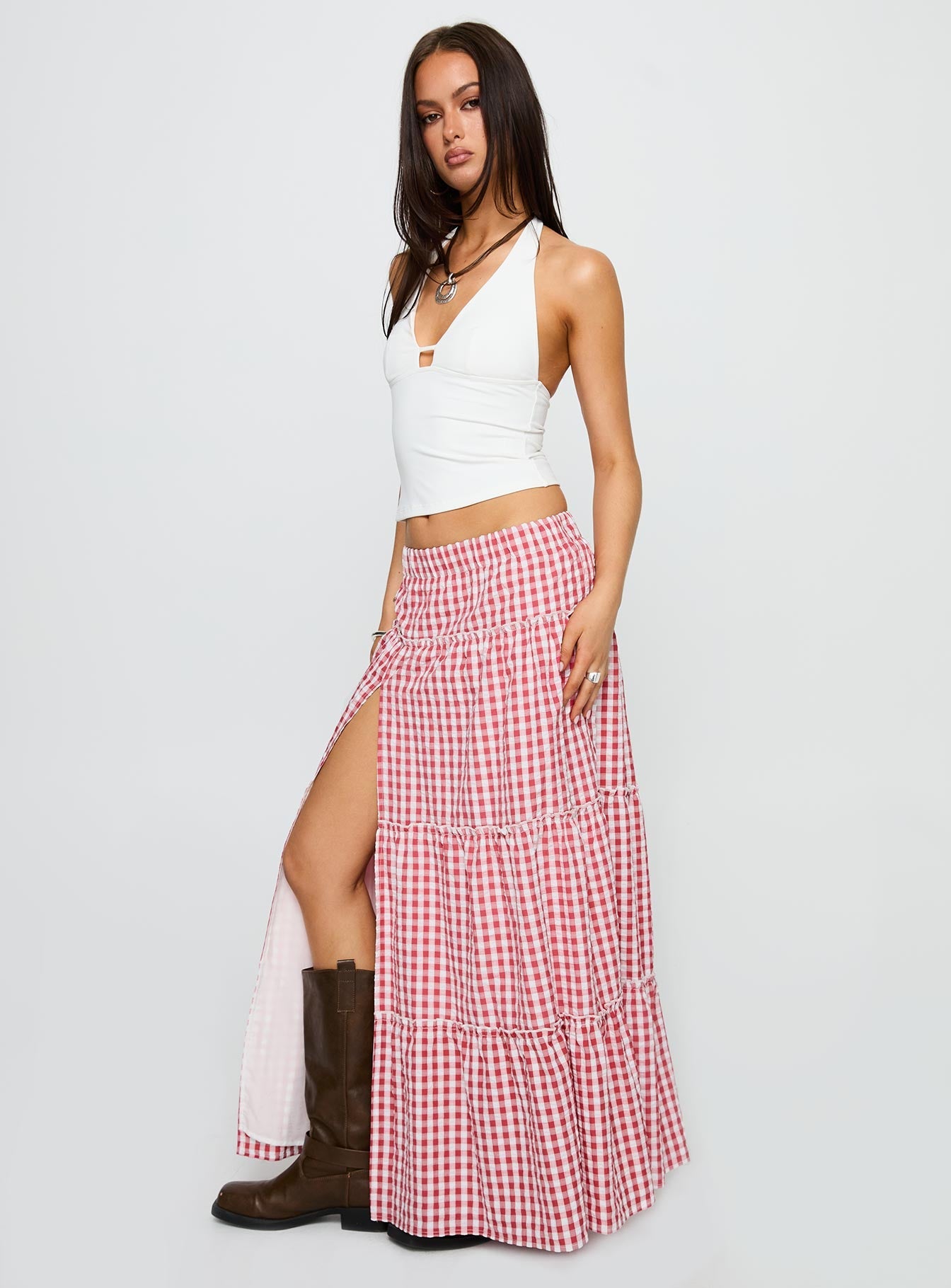 Ilaina Tiered Maxi Skirt Red Check