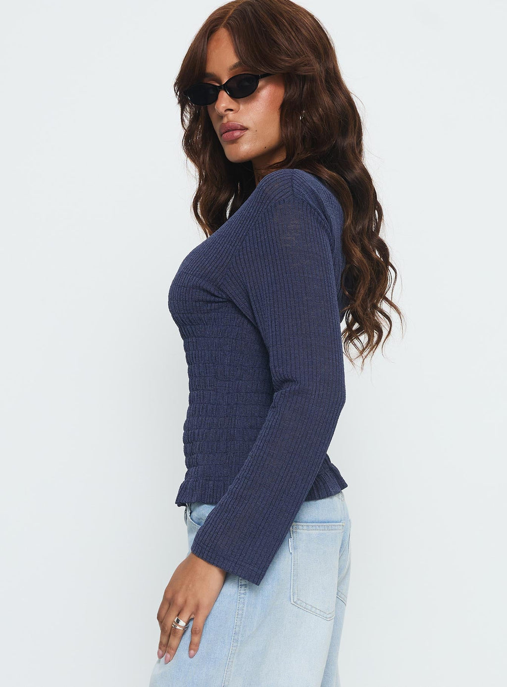 Bradly Shirred Long Sleeve Top Navy