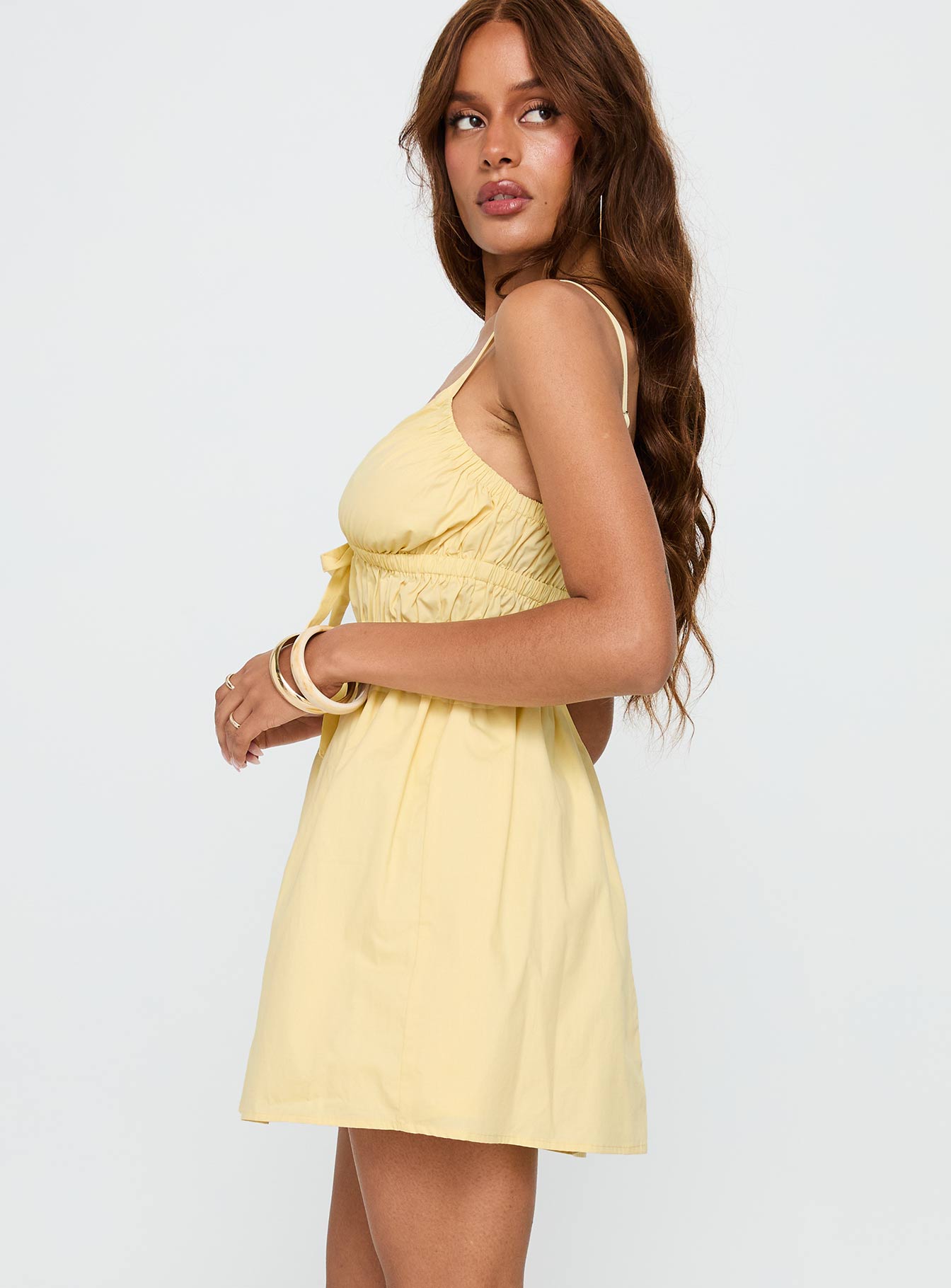Viviette Ruched Mini Dress Lemon