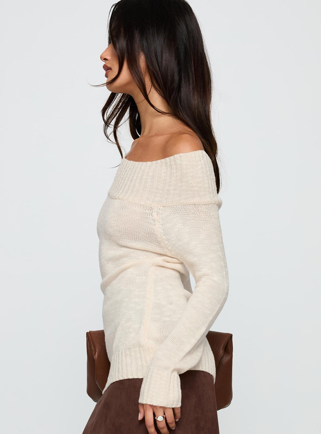 Alyxandra Off Shoulder Knit Sweater Beige
