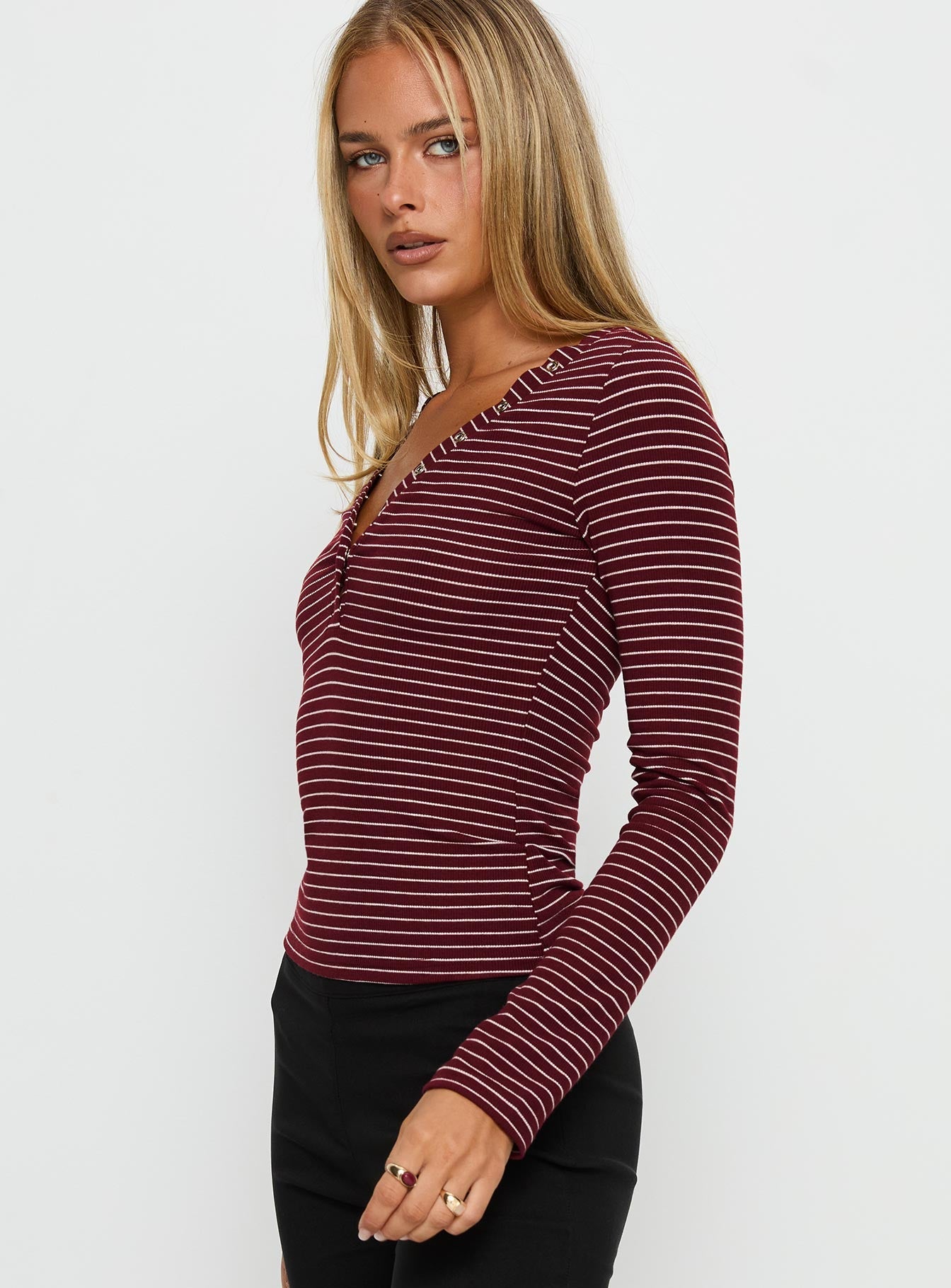 Georgeanna Button Up Long Sleeve Top Burgundy Stripe