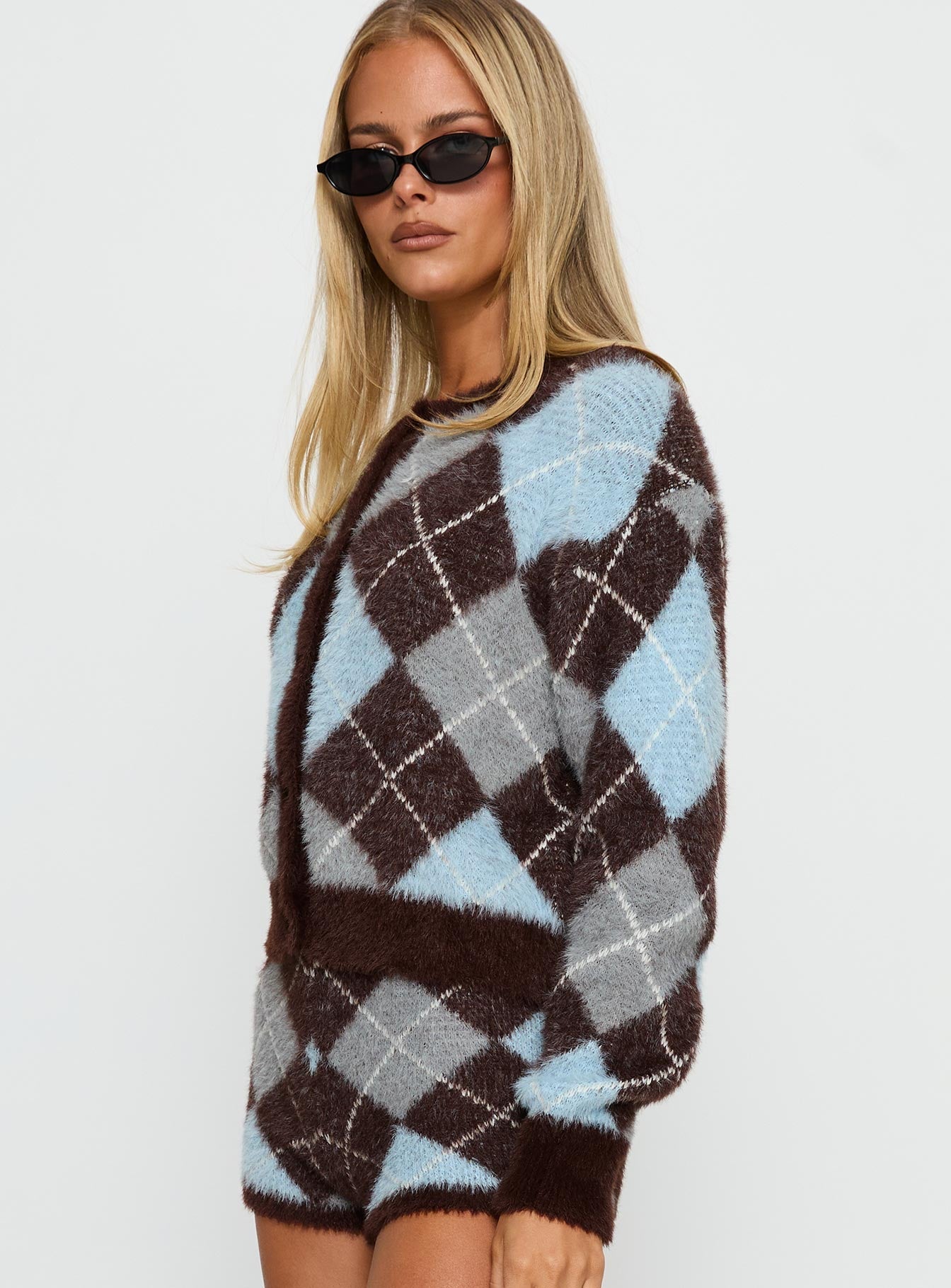 Kenlea Button Up Cardigan Blue Argyle