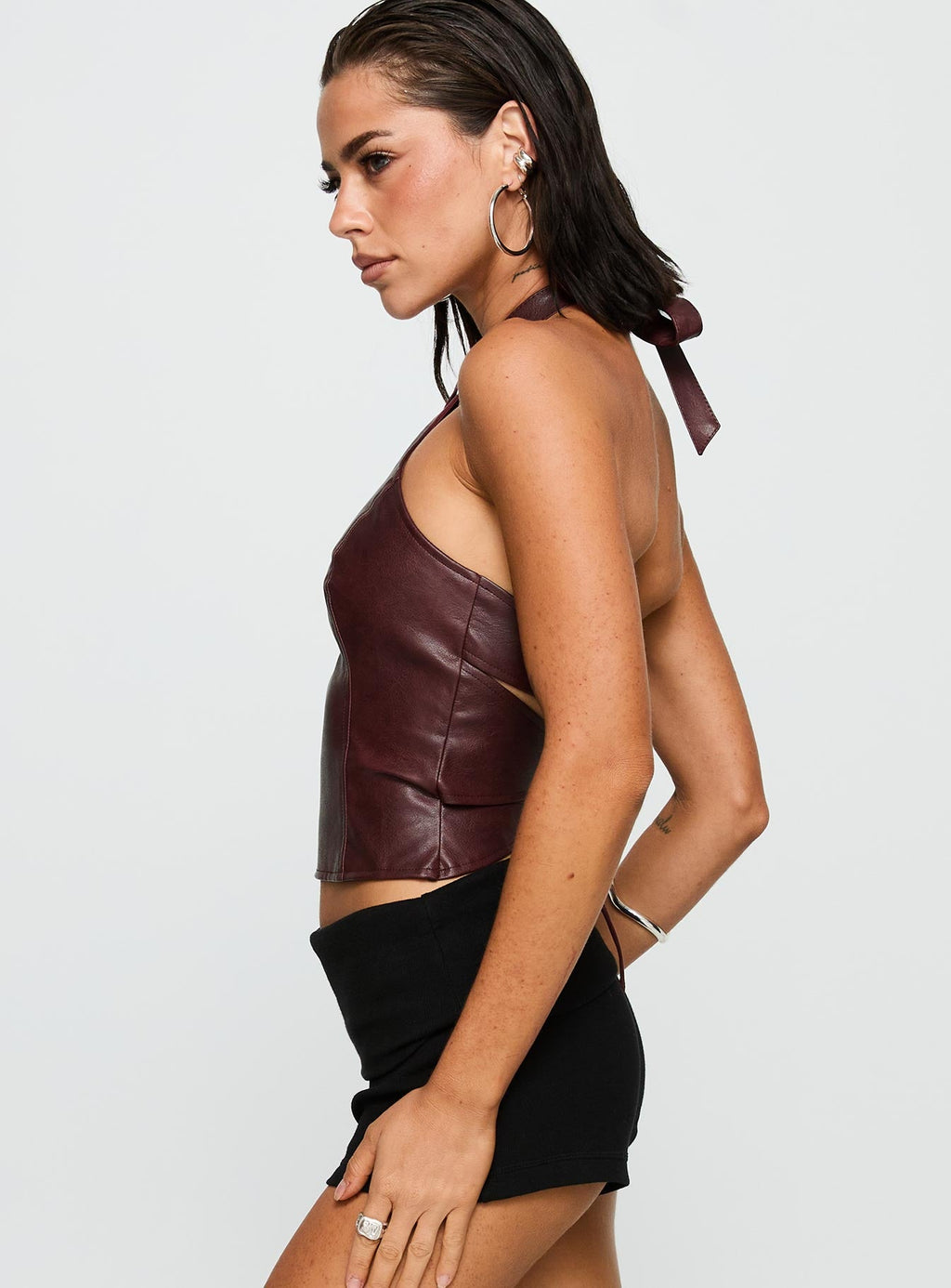 Treat You Better Ring Detail Faux Leather Top Burgundy
