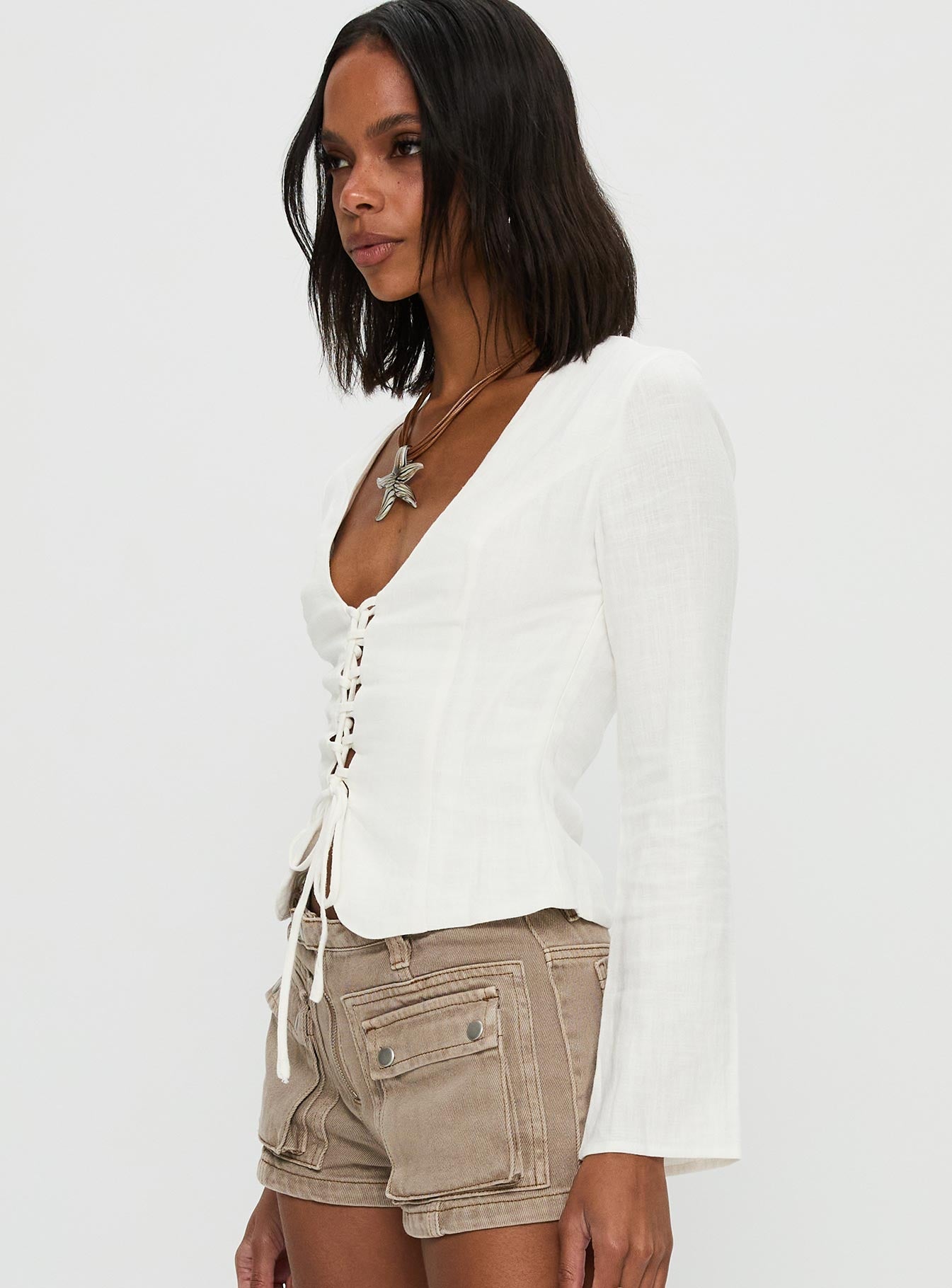 Clouded Linen Long Sleeve Top White
