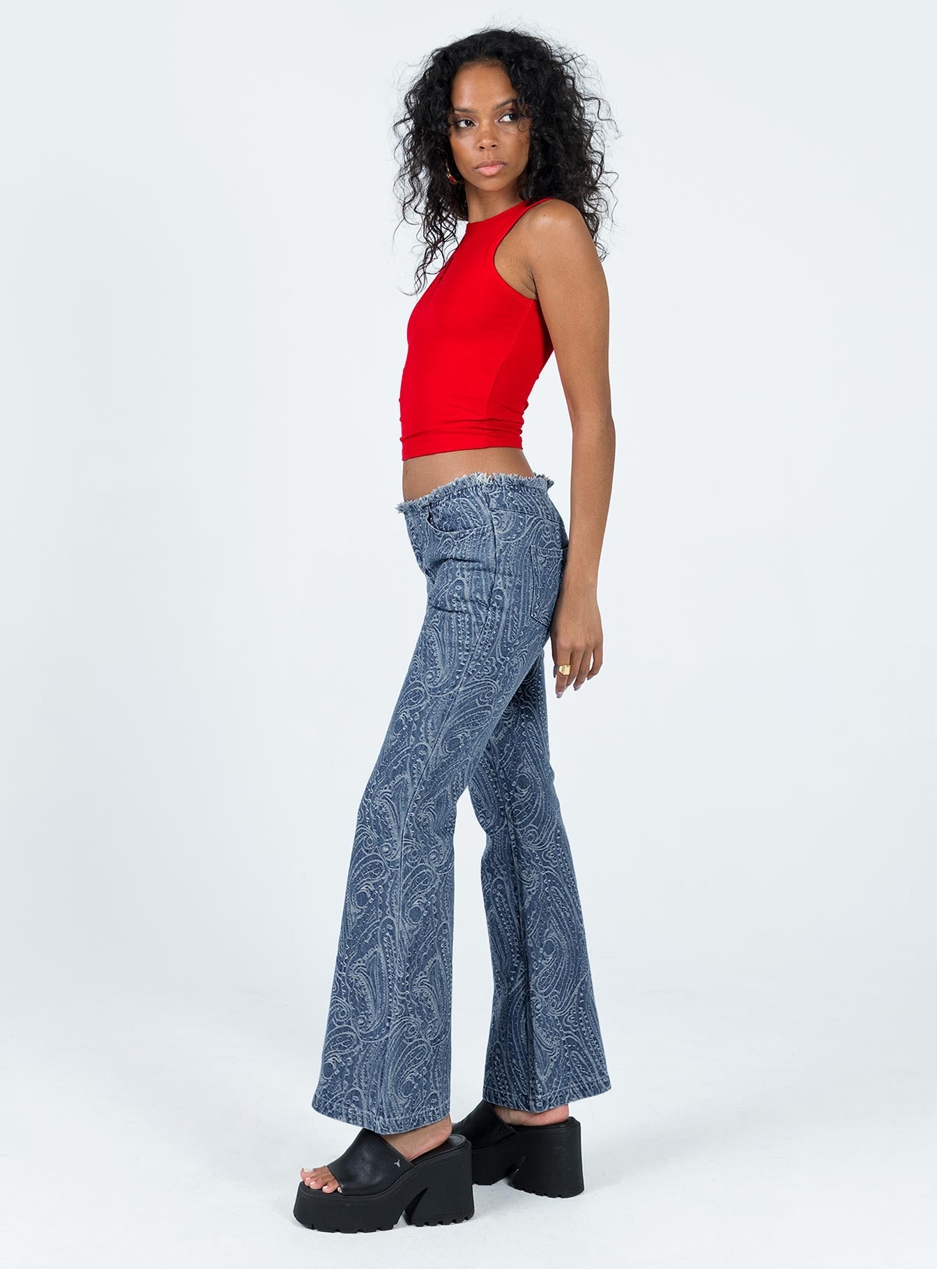 Loweana Low Rise Jacquard Flare Jean Blue Denim