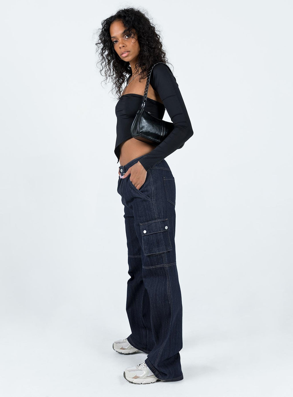 Paige Mid Rise Baggy Cargo Jeans Dark Wash