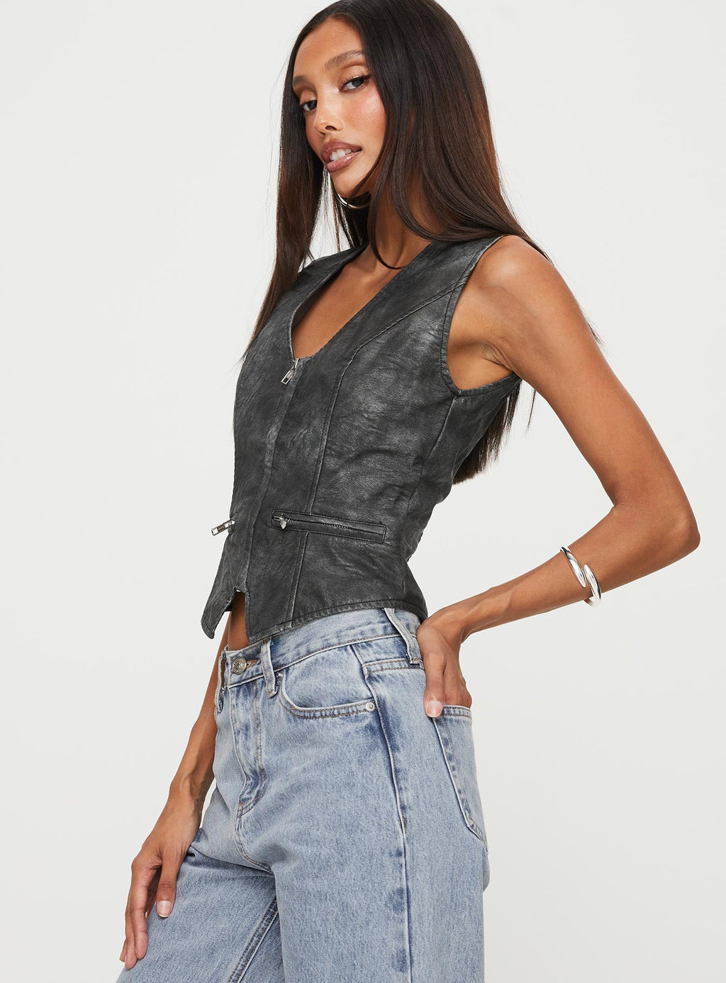 Zillman Faux Leather Vest Top Charcoal