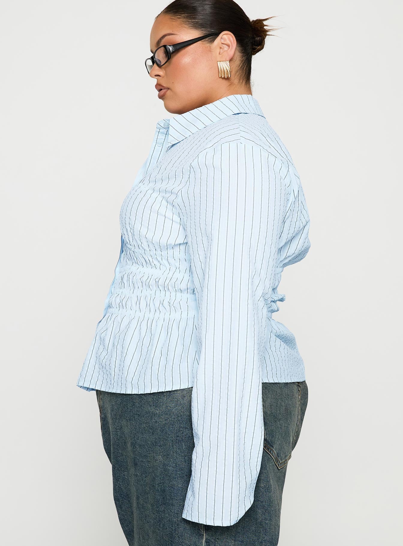 Liesel Shirred Long Sleeve Top Stripe Curve