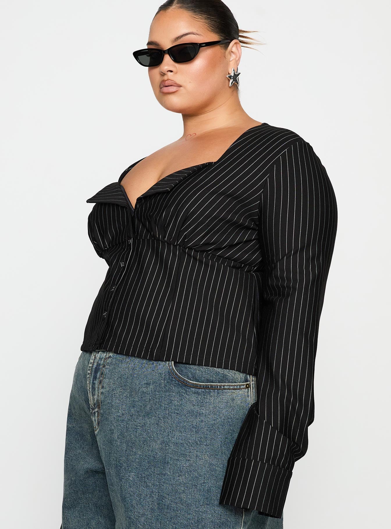 Set For Life Foldover Detail Long Sleeve Top Black / White Pinstripe Curve