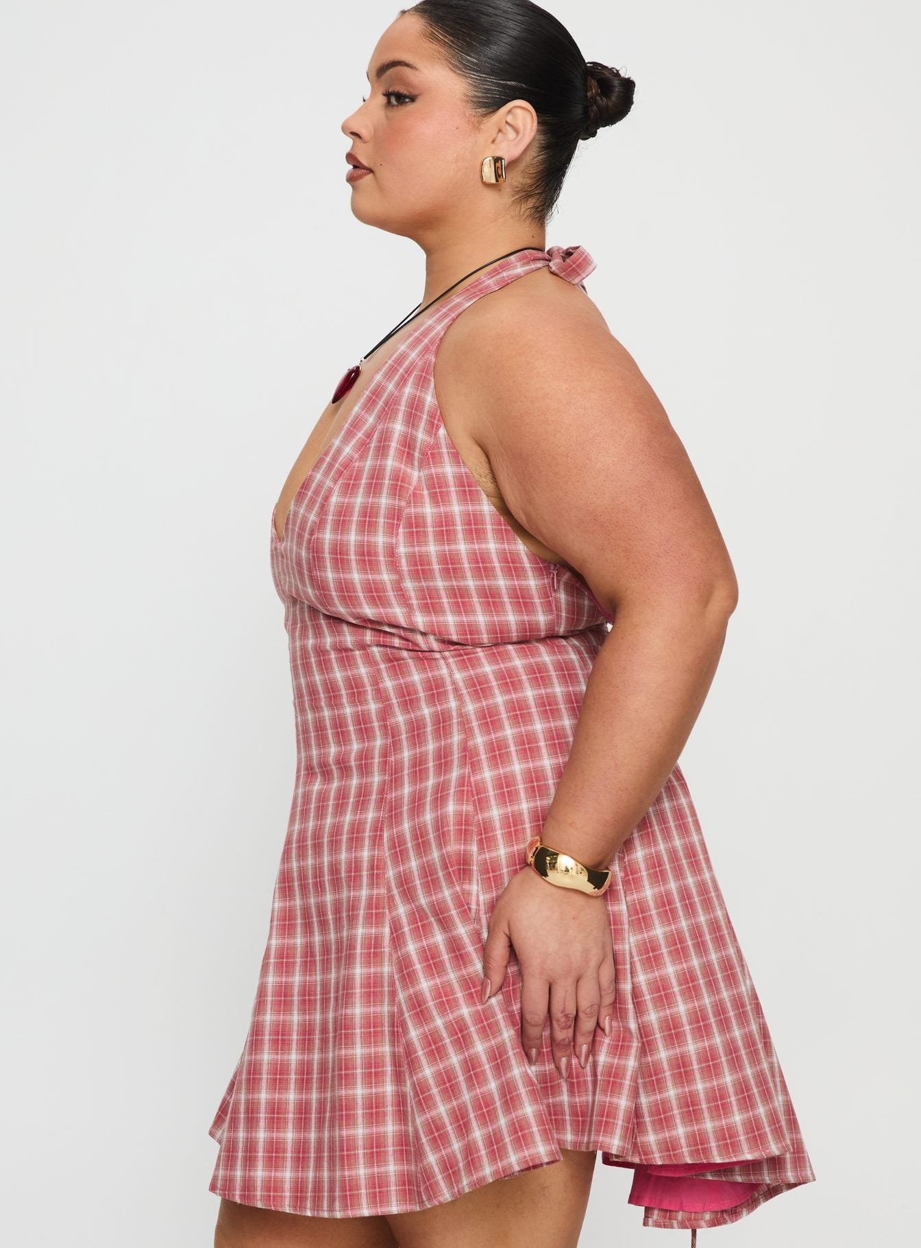 Out Of Nowhere Halter Mini Dress Red Check Curve